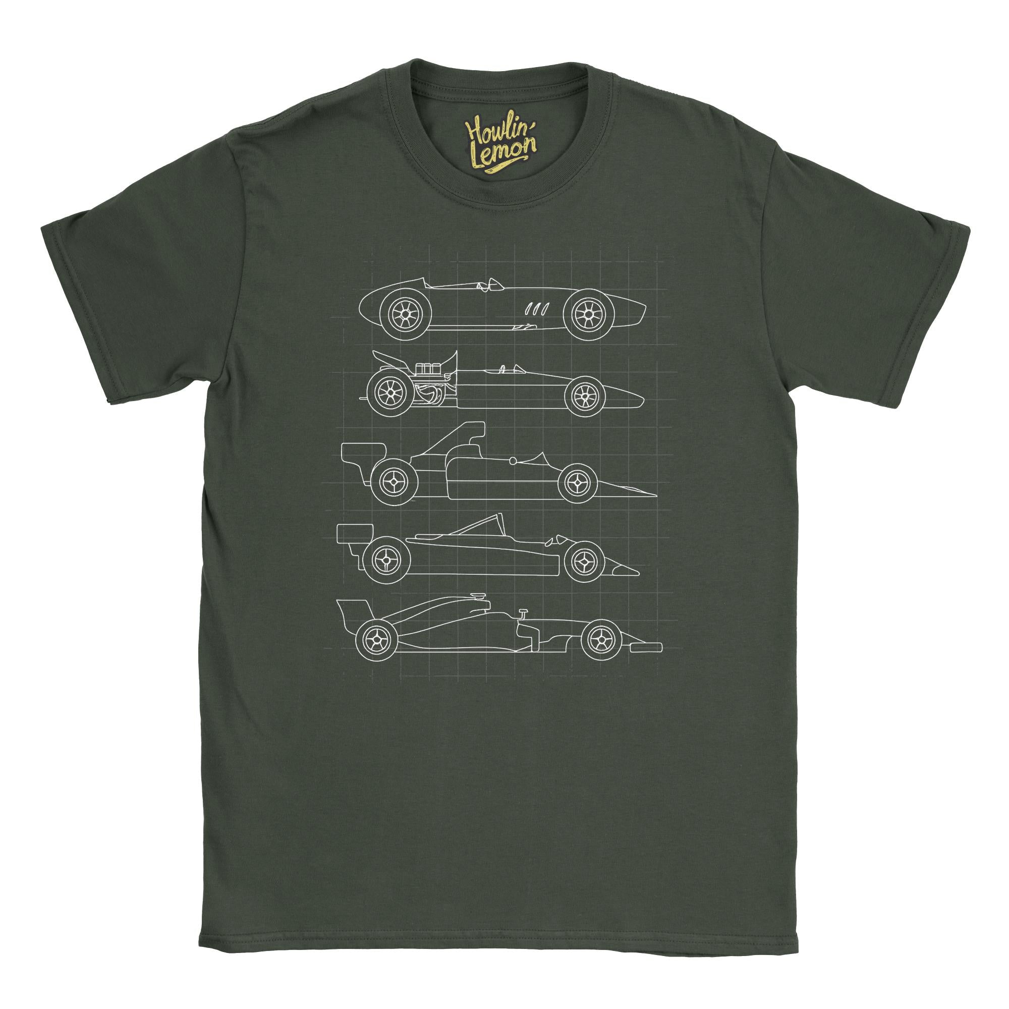 Evolution of Formula One T-Shirt - Classic Sports Car Timeline Blueprint Tee - Automotive Evolution Shirt - Car Lover Gift