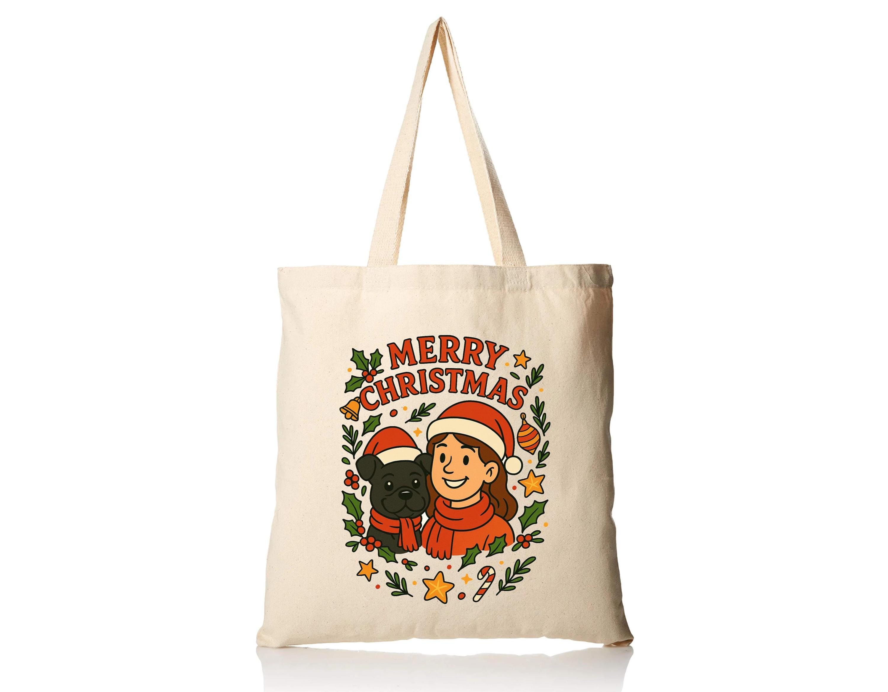 Person and Pet Tote Bag - Custom illustrated Christmas Character design Bg