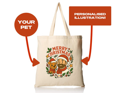Person and Pet Tote Bag - Custom illustrated Christmas Character design Bg